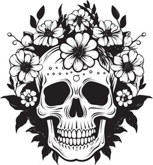 Bouquet Bones Thick Line Art Flower Skull Vector Graphic Meadow Mortality Flower Skull Icon in Bold Line Art