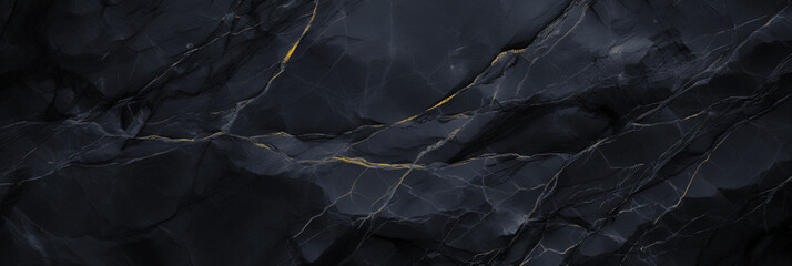 Wide panoramic surface of black marble abstract stone texture with gold veins dark-gray tone. For banner, background design