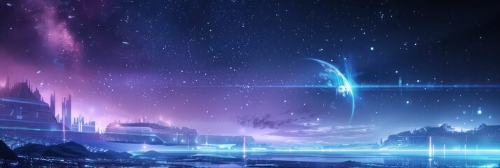 Sparkling night sky over digital landscape with ethereal lights