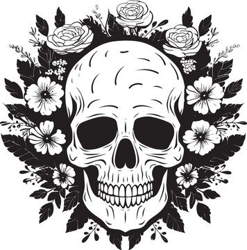 Bloomed Brilliance Vector Logo featuring Flower Skull in Bold Line Art Floral Fantasy Graphic Design of Flower Skull with Thick Lines