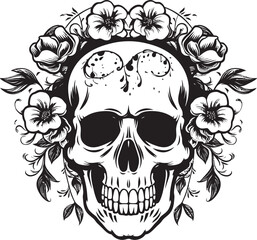 Floral Skull Emblem Thick Line Art Vector Logo Design Blossom Bones Flower Skull Icon Graphic in Bold Lines
