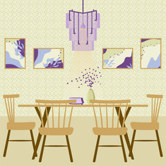 Mid century style dining room interior in brown, bright green and purple with dining table, chairs, ceiling lamp, wall art set, bowl, vase, flowers and wallpaper. Flat illustration for your project