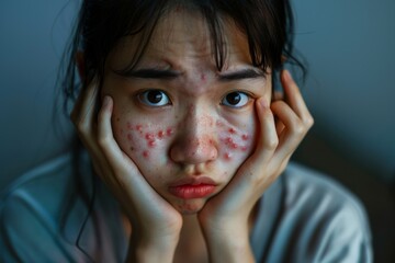 Asian woman concerned about her complexion and skin issues like acne pimples and oily or dry skin - obrazy, fototapety, plakaty