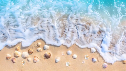 View of the tropical sandy beach. Shells in the sand. wide panoramic banner. travel and vacation concept
