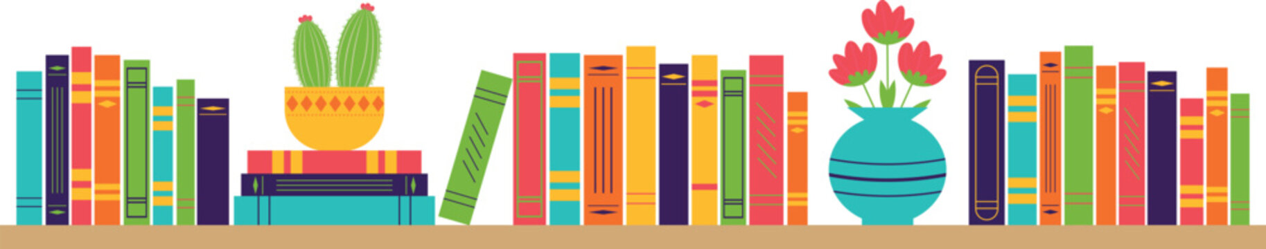 Bookshelf with books and flowers on a transparent background. Vector banner for library, bookstore.