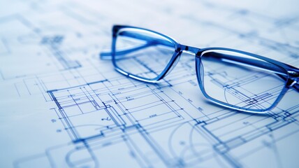 Blue glasses on architectural blueprint, planning concept