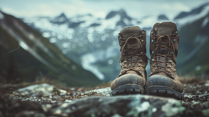 A pair of rugged hiking boots overlooks a majestic mountain range, implying adventure