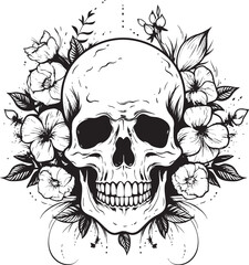 Bloomed Boneyard Thick Line Art Logo with Flower Skull Floral Frenzy Flower Skull Graphic in Bold Line Art