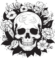 Petal Perdition Thick Line Art Flower Skull Logo Botanic Bones Floral Skull Vector Icon Design