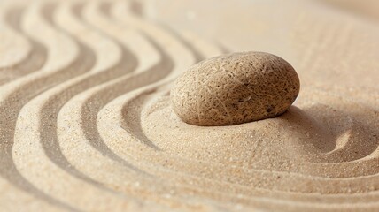 Single stone on raked sand, symbolizing tranquility and meditation