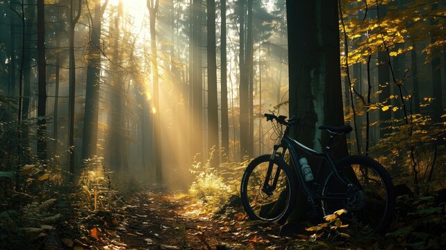 Sunlight filters through a forest, bike at rest