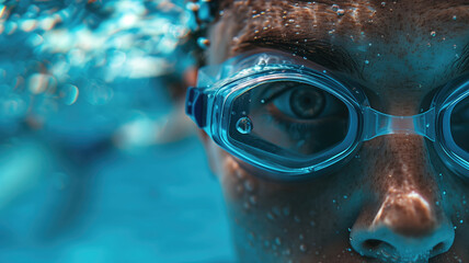 Close-up of swimmer's eyes in goggles, reflections of water - obrazy, fototapety, plakaty