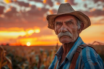 At sunset a satisfied male worker in the agricultural field with a handsome mustache poses for the camera