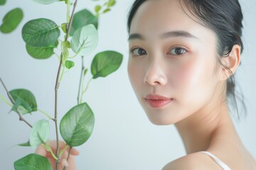 Fototapeta premium Attractive Asian woman using facial serum on light grey background
