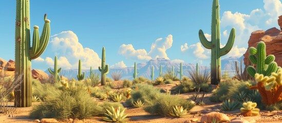 This painting features a desert scene with a variety of Saguaro cacti towering over rocky terrain, creating a stark and arid environment. Sunlight casts shadows on the cacti and rocks, emphasizing the - obrazy, fototapety, plakaty