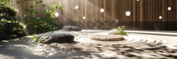 Zen garden with smooth stones and sunlight - obrazy, fototapety, plakaty
