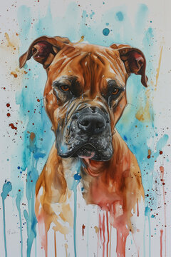 An artistic watercolor painting of a boxer dog, showcasing its intense gaze with vibrant color splashes.