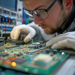 A focused technician, with tools in hand, meticulously works on repairing a complex circuit board, surrounded by equipment.