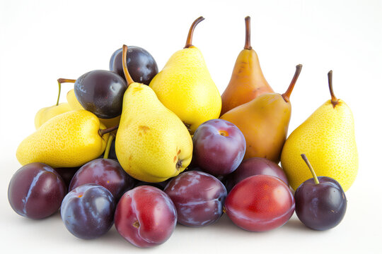 A collection of ripe pears and plums showcasing their natural colors and textures. Perfect for healthy eating and diet.
