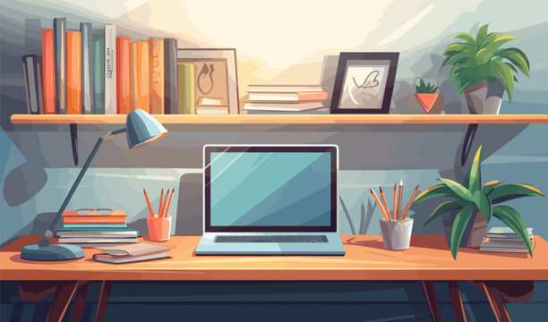 home office workspace, computer table with laptop, vector illustration