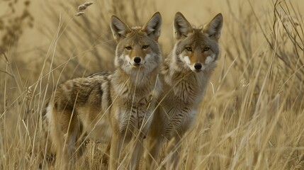 Wild coyotes standing in prairie grass in nature found throughout North America. 