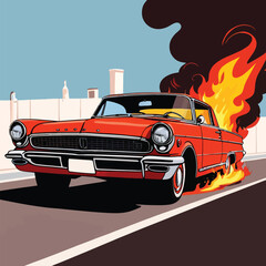 Car on fire, hotrod automobile insurance hazard, vector clipart illustration
