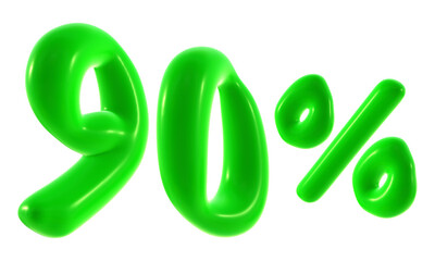 90 percent with green color isolated on transparent background for sale, discount, promotion and business concept 