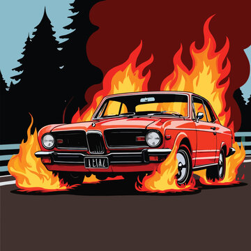 Car On Fire, Hotrod Automobile Insurance Hazard, Vector Clipart Illustration