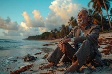 Sad elderly man in business attire seated on sunny shore, palm trees backdrop