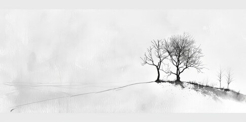 Minimalist Winter Landscape with Bare Trees
A minimalist black and white landscape featuring the stark silhouettes of bare trees against a soft, textured background.
 - obrazy, fototapety, plakaty