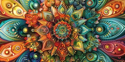 Kaleidoscopic Vision of Abstract Ornamental Art
A vivid, kaleidoscopic abstract painting, rich with ornamental designs and a harmonious explosion of colors.
