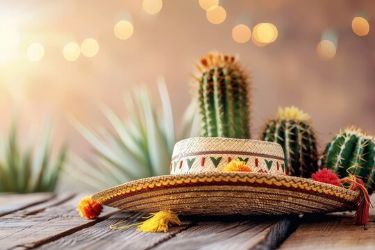 Cactus and sombrero on table for Cinco de Mayo