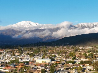 Yucaipa, california, with a Drone View UAV of the San Bernardino, San Gorgonio Mountains after a snow storm on a clear day