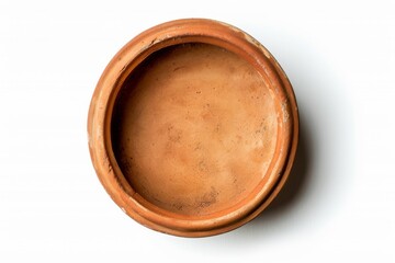 Ceramic clay pot seen from above on white background