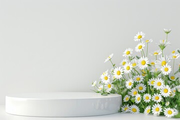 Chamomile flowers on white background empty podium or pedestal
