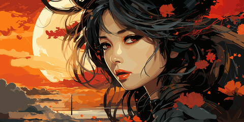 Japanese anime warrior girl. Samurai of Japan. vector flat bright colors - obrazy, fototapety, plakaty
