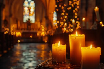 Church atmosphere with yellow bokeh candle lights