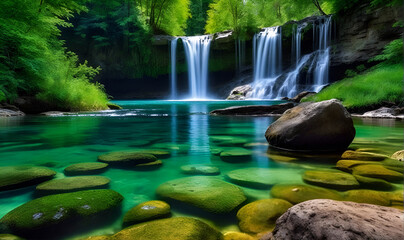 Waterfall flows into lake, landscape, wildlife