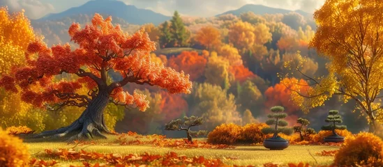 Foto op Canvas In the painting, majestic elms and bonsai trees are depicted in a stunning autumn scene. The trees show vibrant fall colors with leaves in shades of red, orange, and yellow. The scene captures the © 2rogan