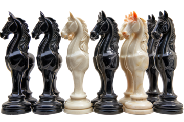 elegant chess knights in black and white isolated on transparent background 