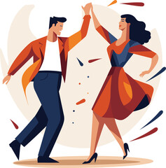 Stylish man and woman dancing cheerfully, man in orange jacket, woman in flowing dress. Retro dance party, joyful movement and fun atmosphere vector illustration.