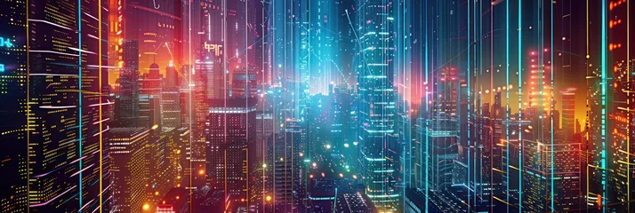 Tuinposter Neon cityscape with futuristic skyscrapers © SwiftCraft