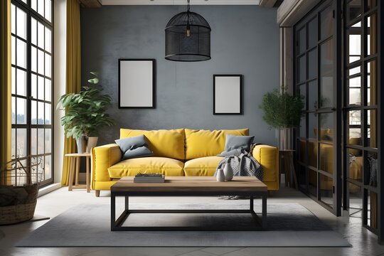 Scandinavian living room interior in light colors with a yellow sofa, pillows, coffee table, dired flowers in vase, mock up poster. House apartment design in a minimalist style