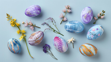 Happy Easter. Horizontal banner, colorful eggs on blue background, lilac pastel colors