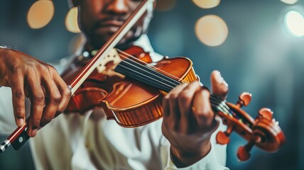 Musician playing violin with bokeh light background