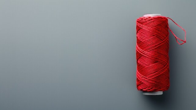 Red spool of thread on a plain grey background