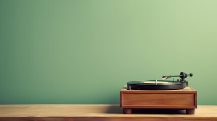 Vintage turntable on a wooden table against a teal backdrop
