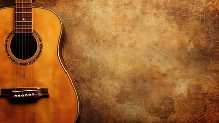 Naklejka premium A classic acoustic guitar positioned on a golden textured vintage backdrop