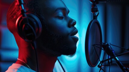 Close-up of a male singer recording in studio with neon lighting