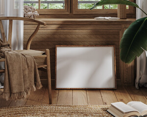 Mockup frame in farmhouse room interior background, 3d render